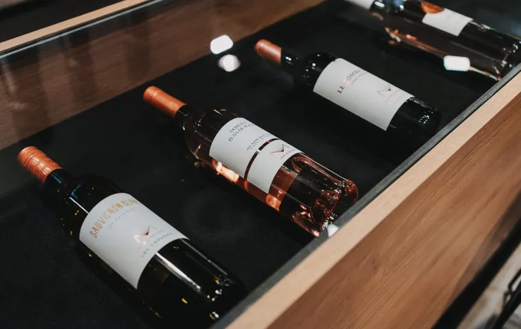 Weinflaschen von Michel Raynaud in einer Vitrine elegant präsentiert