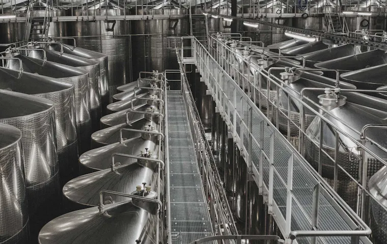 Große Edelstahlfässer in einer Lagerhalle aufgereiht