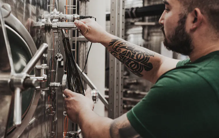 Mann befüllt Weinflasche aus Stahltank